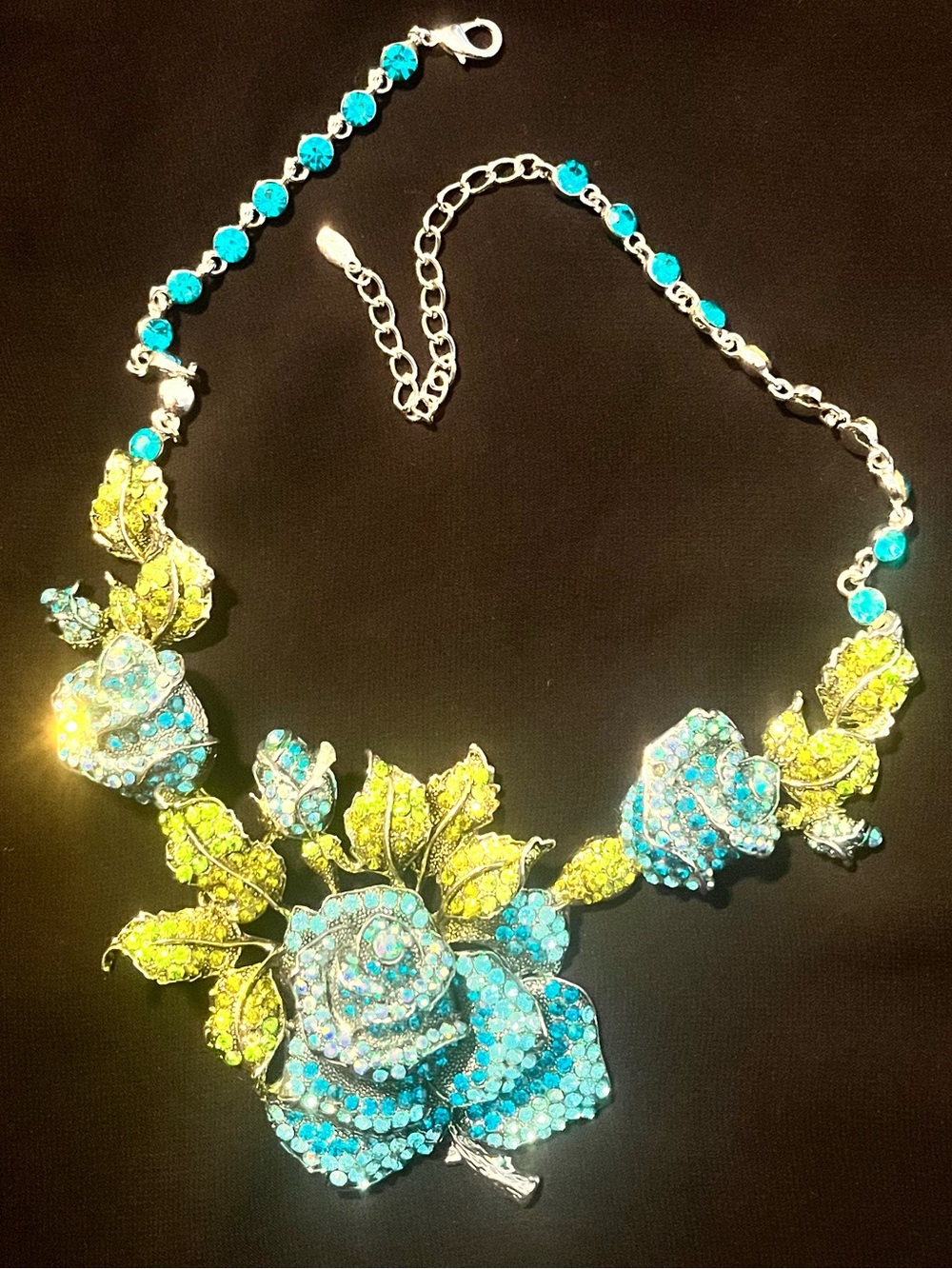 Blue and Lime Rhinestone Floral Statement Necklace